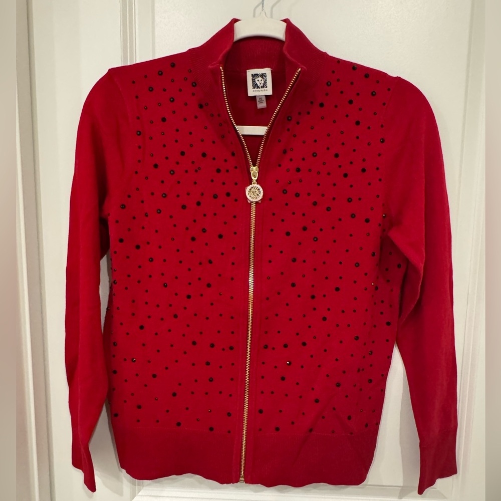 Anne Klein Red Zip-Up Cardigan with Black Accents